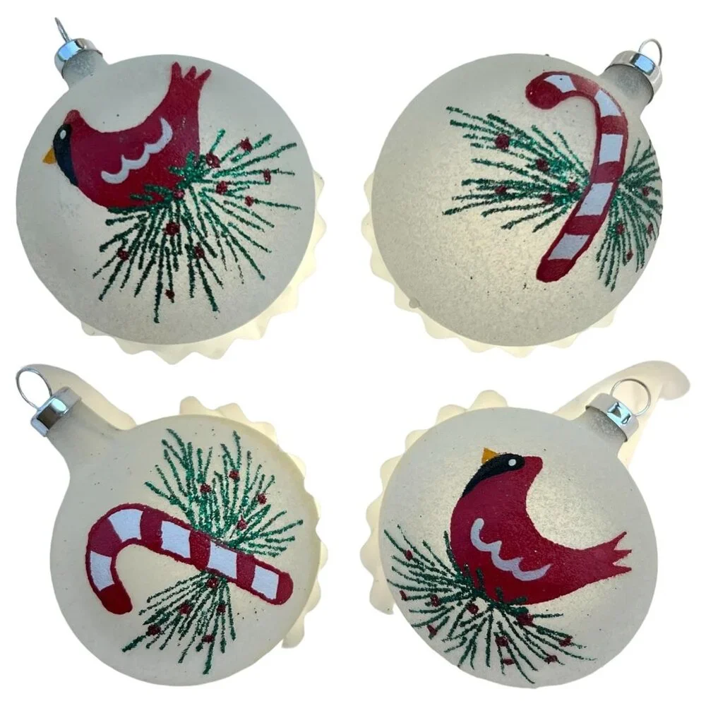 Bradford Christmas Ornaments Cardinals and Candy Cane Set of 4 Vintage Red White